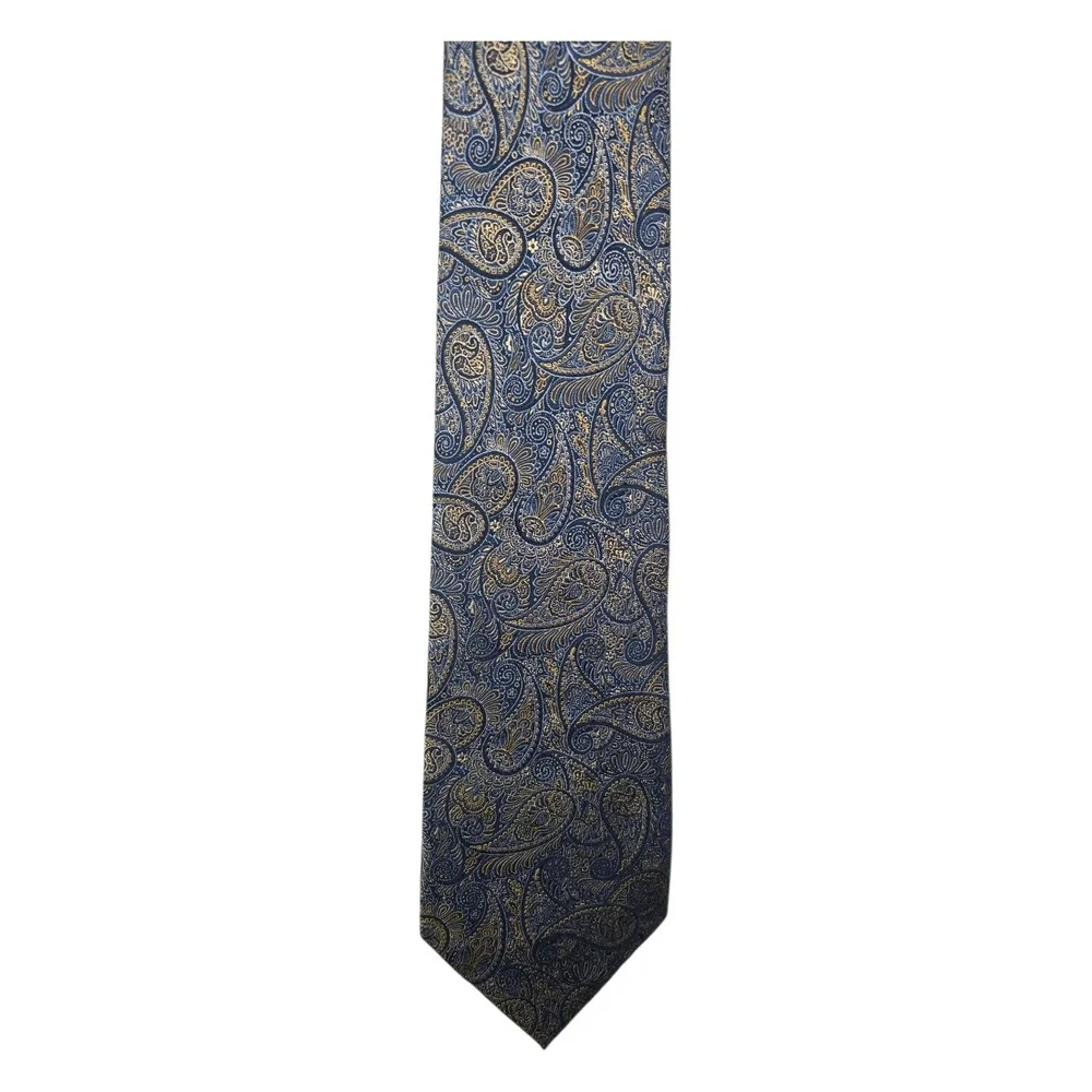 Van Heusen 100% Silk Tie Blue Paisley Gold Trim Mens Necktie Classic Formal